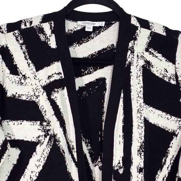 Chicos Long Sweater Cardigan Duster Open Front Size 1 Medium Black White Geo - Picture 5 of 11